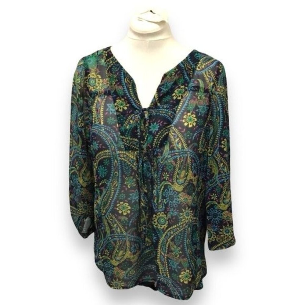 Just Pearls Women’s 3/4 Sleeve Cutout V Neck Boho Tunic, Black Floral, size L